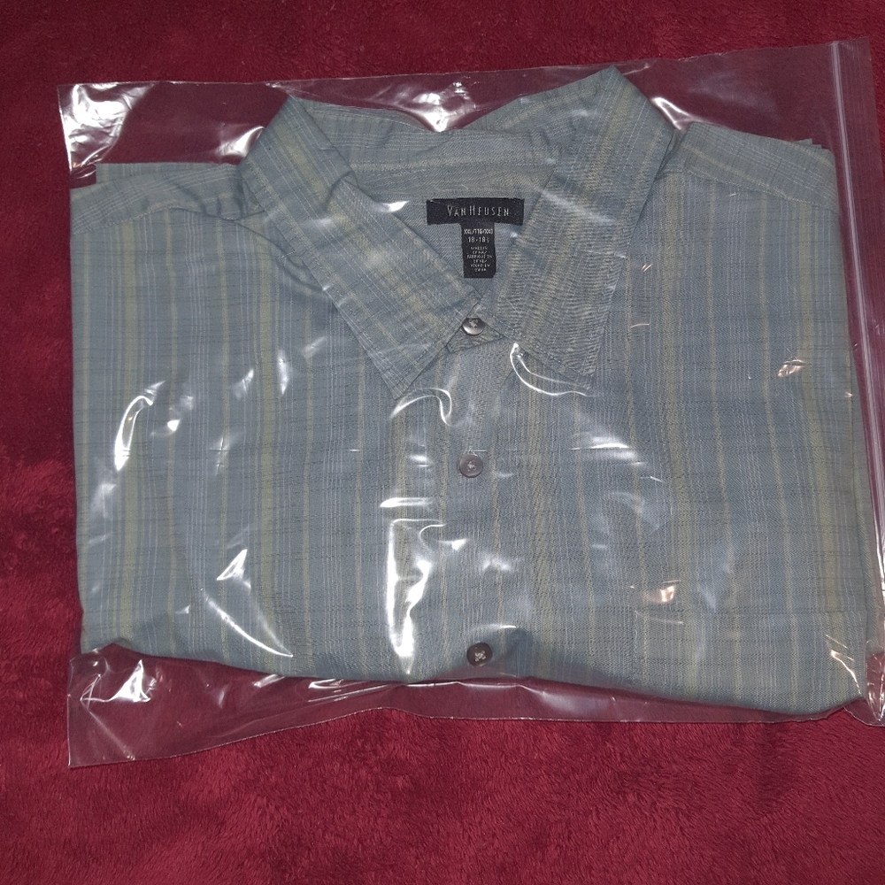 Men's Van Heusen Premium XXL Short Sleeve Casual Shirt Blue Striped 18 ½ Neck - Picture 9 of 9